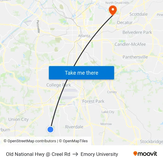 Old National Hwy @ Creel Rd to Emory University map
