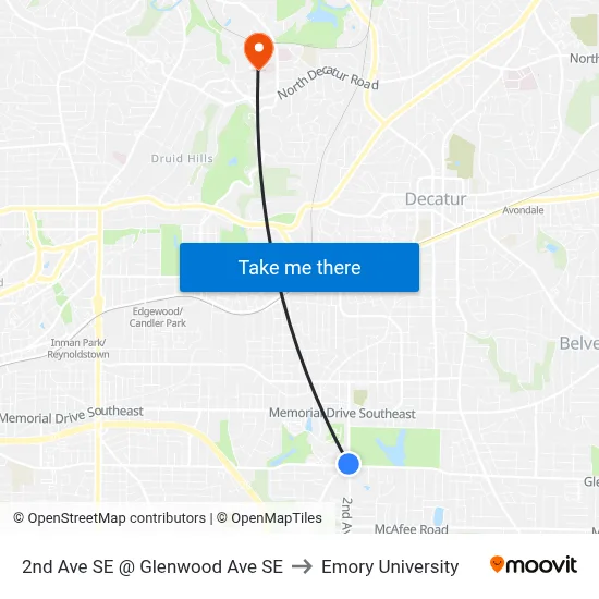 2nd Ave SE @ Glenwood Ave SE to Emory University map