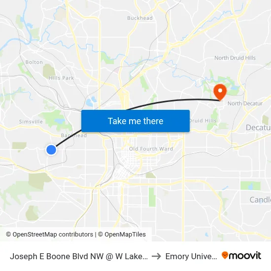 Joseph E Boone Blvd NW @ W Lake Ave NW to Emory University map