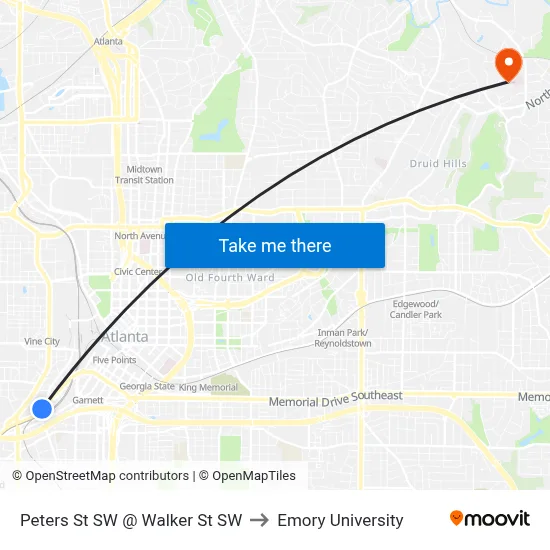 Peters St SW @ Walker St SW to Emory University map