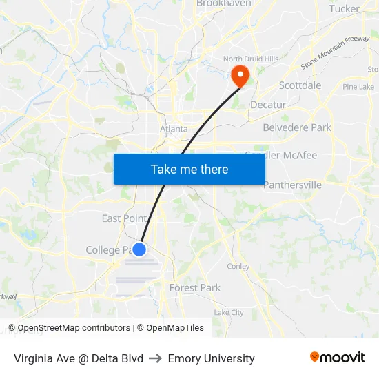Virginia Ave @ Delta Blvd to Emory University map