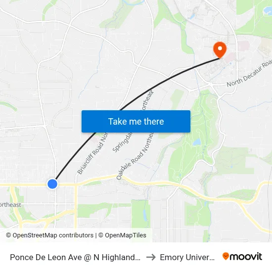 Ponce De Leon Ave @ N Highland Ave to Emory University map