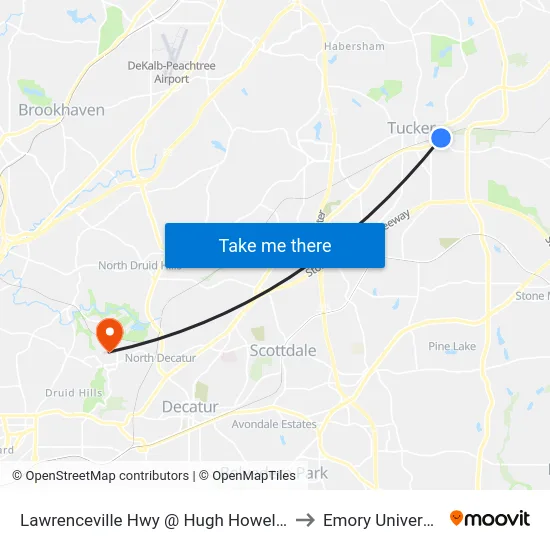 Lawrenceville Hwy @ Hugh Howell Rd to Emory University map