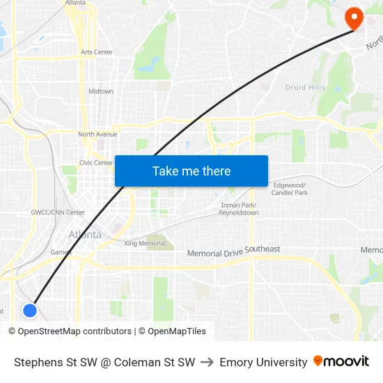 Stephens St SW @ Coleman St SW to Emory University map