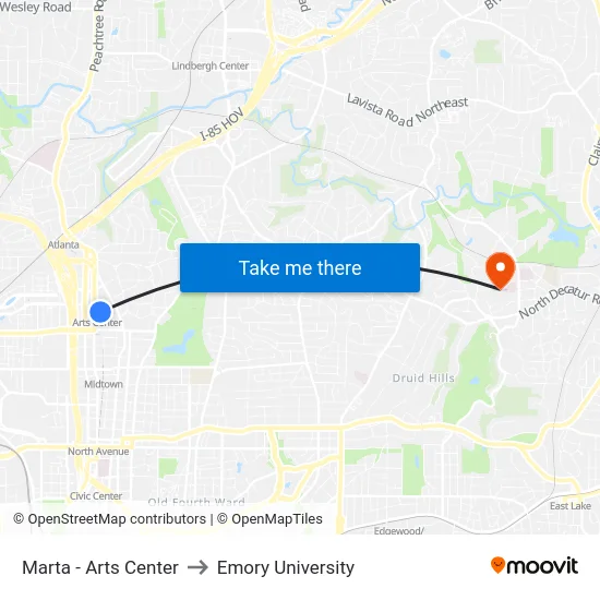 Marta - Arts Center to Emory University map