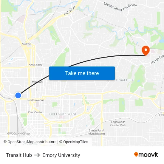 Transit Hub to Emory University map
