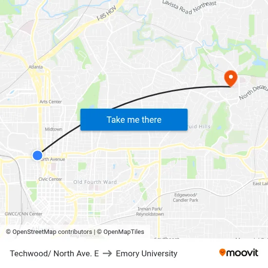 Techwood/ North Ave. E to Emory University map