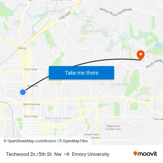 Techwood Dr./5th St. Nw to Emory University map
