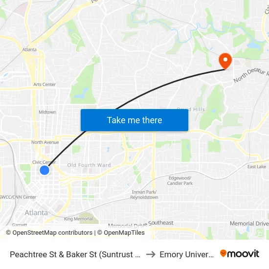 Peachtree St & Baker St (Suntrust Bldg) to Emory University map