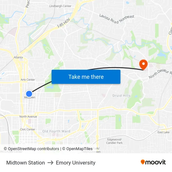 Midtown Station to Emory University map