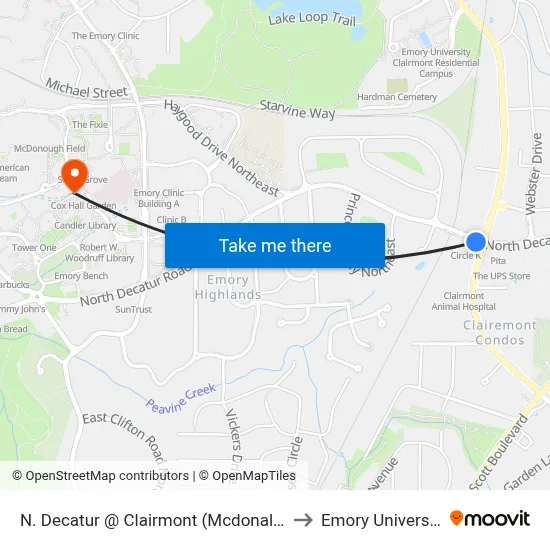 N. Decatur @ Clairmont (Mcdonalds) to Emory University map