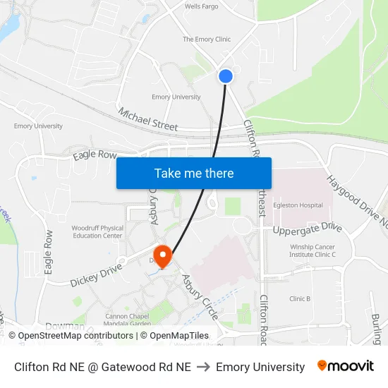 Clifton Rd NE @ Gatewood Rd NE to Emory University map