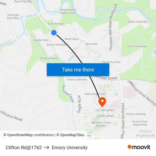 Clifton Rd@1762 to Emory University map