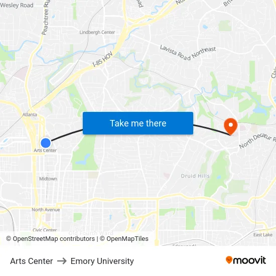 Arts Center to Emory University map