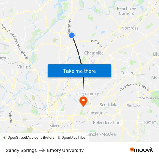 Sandy Springs to Emory University map