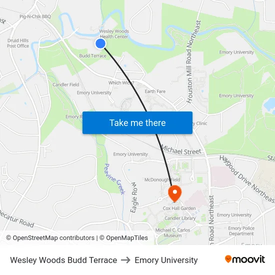 Wesley Woods Budd Terrace to Emory University map