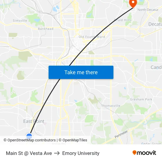 Main St @ Vesta Ave to Emory University map