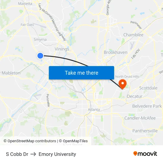 S Cobb Dr to Emory University map
