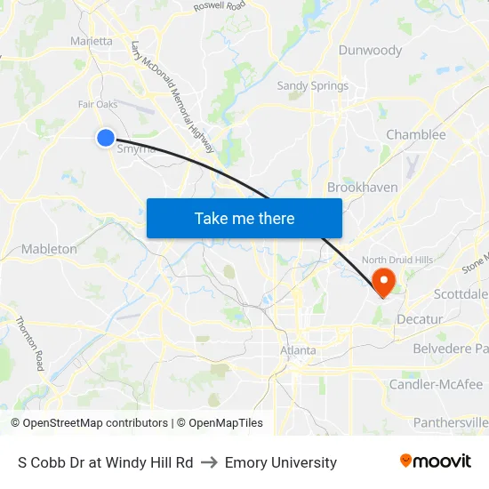 S Cobb Dr at Windy Hill Rd to Emory University map
