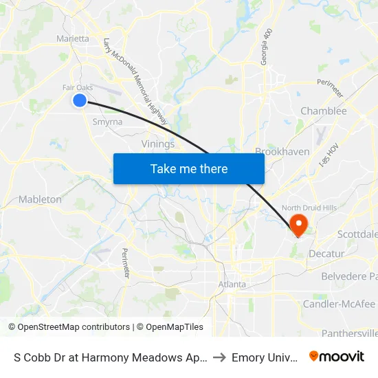 S Cobb Dr at Harmony Meadows Apartments to Emory University map