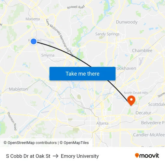 S Cobb Dr at Oak St to Emory University map