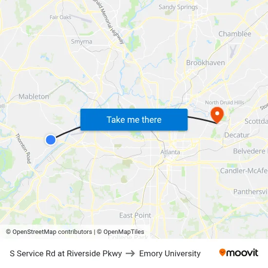 S Service Rd at Riverside Pkwy to Emory University map