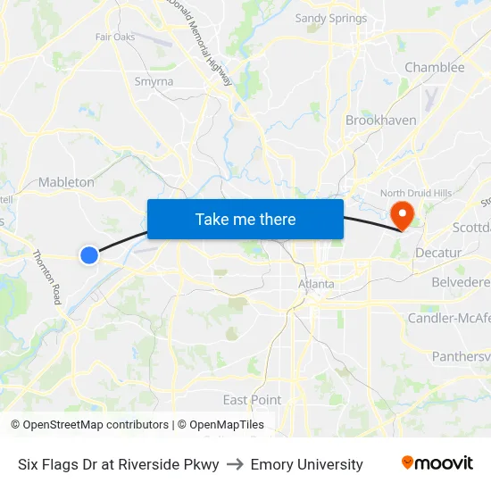 Six Flags Dr at Riverside Pkwy to Emory University map