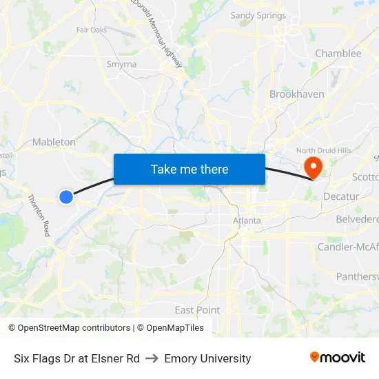 Six Flags Dr at Elsner Rd to Emory University map