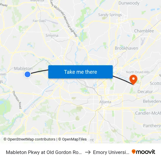 Mableton Pkwy at Old Gordon Road to Emory University map
