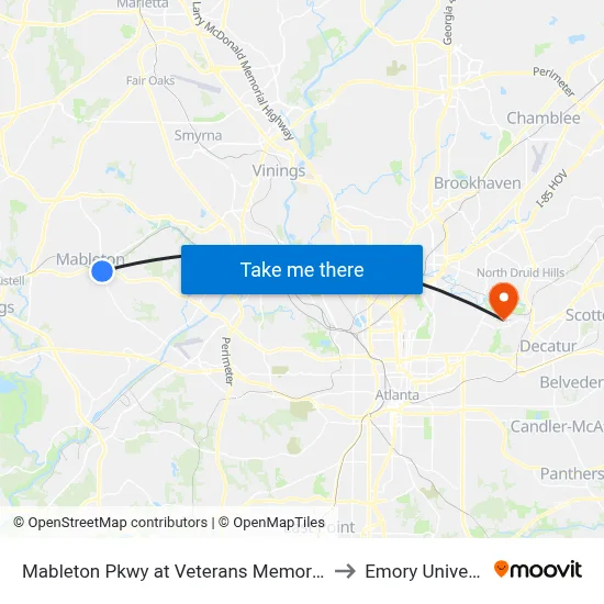 Mableton Pkwy at Veterans Memorial Hwy to Emory University map