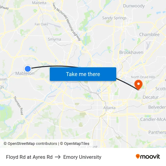 Floyd Rd at Ayres Rd to Emory University map