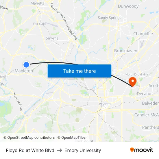 Floyd Rd at White Blvd to Emory University map