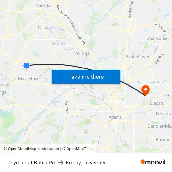 Floyd Rd at Bates Rd to Emory University map