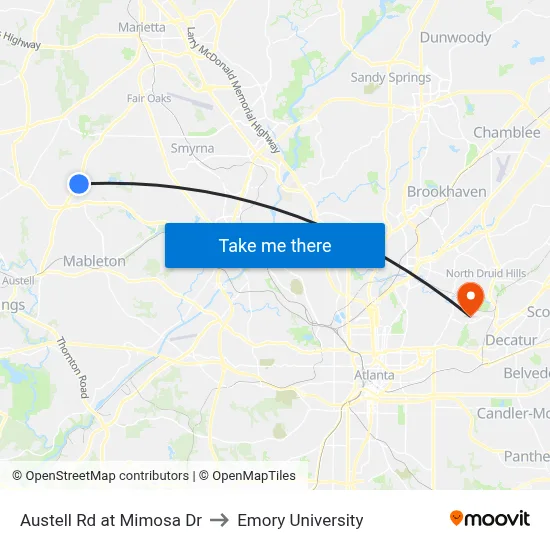 Austell Rd at Mimosa Dr to Emory University map