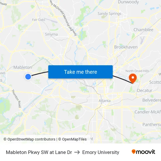 Mableton Pkwy SW at Lane Dr to Emory University map