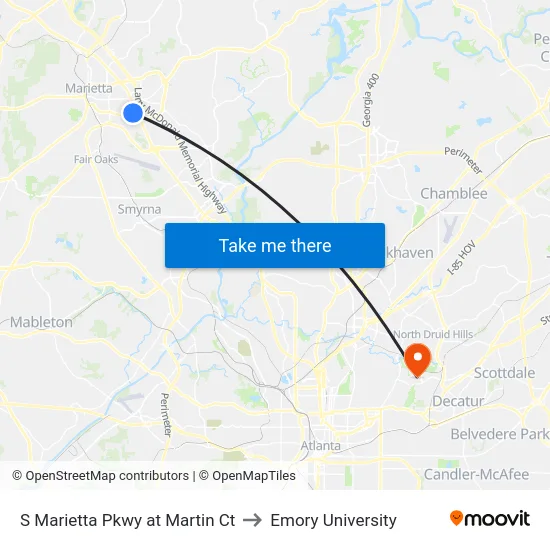 S Marietta Pkwy at Martin Ct to Emory University map