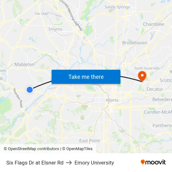 Six Flags Dr at Elsner Rd to Emory University map