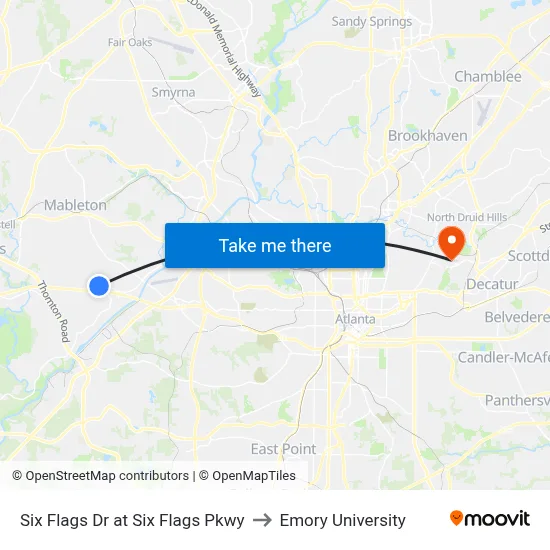 Six Flags Dr at Six Flags Pkwy to Emory University map