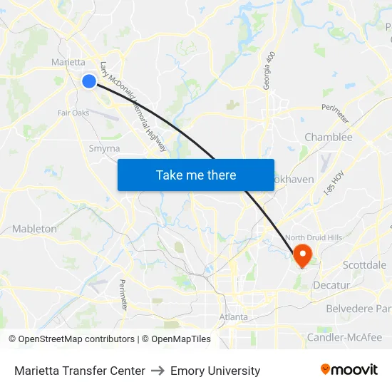 Marietta Transfer Center to Emory University map