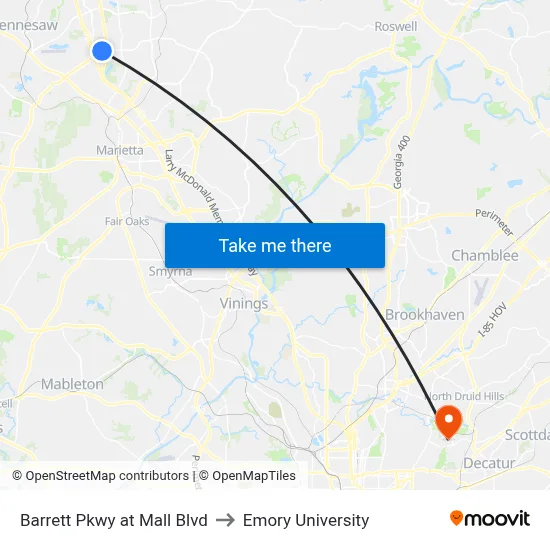 Barrett Pkwy at Mall Blvd to Emory University map