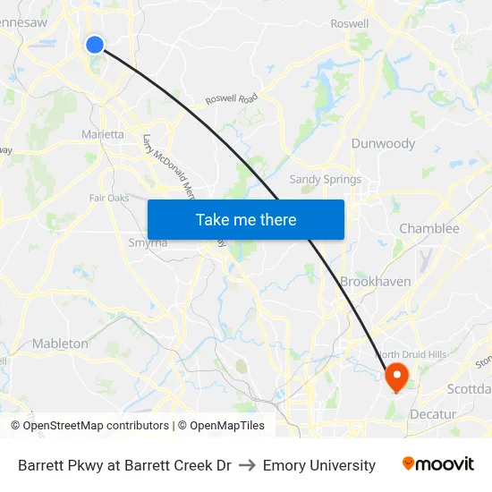 Barrett Pkwy at Barrett Creek Dr to Emory University map