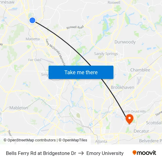 Bells Ferry Rd at Bridgestone Dr to Emory University map