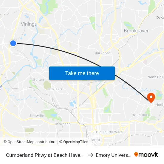 Cumberland Pkwy at Beech Haven Tr to Emory University map