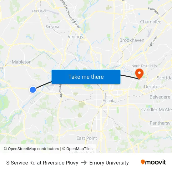 S Service Rd at Riverside Pkwy to Emory University map