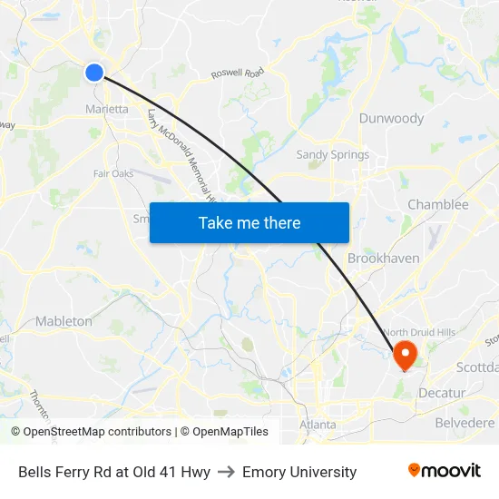 Bells Ferry Rd at Old 41 Hwy to Emory University map