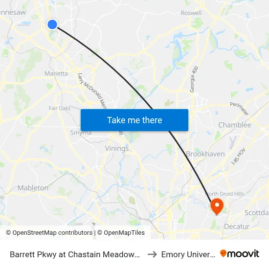Barrett Pkwy at Chastain Meadows Pkwy to Emory University map