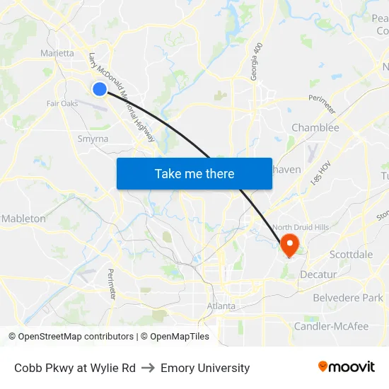 Cobb Pkwy at Wylie Rd to Emory University map