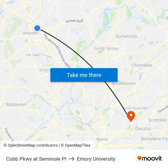 Cobb Pkwy at Seminole Pl to Emory University map