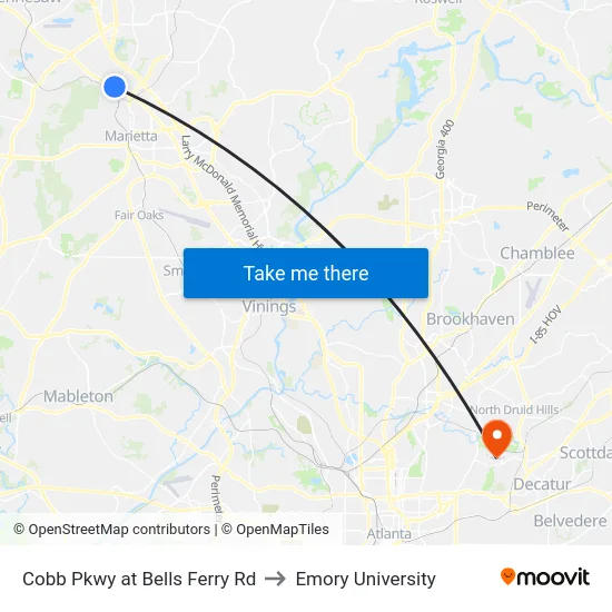 Cobb Pkwy at Bells Ferry Rd to Emory University map
