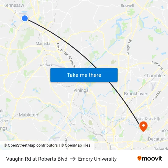 Vaughn Rd at Roberts Blvd to Emory University map